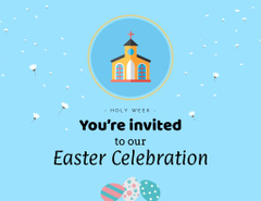 Easter Service Invitation with Church Illustration on Blue