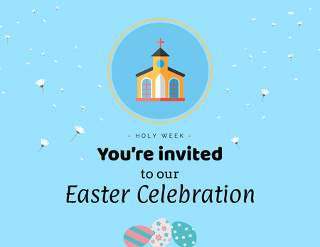 Easter Service Invitation with Church Illustration on Blue Flyer 8.5x11in Horizontal Design Template