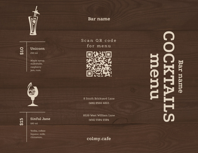 Bar Cocktails Variety List Menu 11x8.5in Tri-Fold – шаблон для дизайну