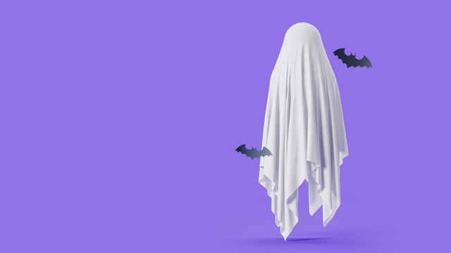 Ontwerpsjabloon van Zoom Background van Bone-chilling Ghost With Bats On Halloween