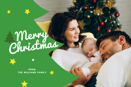 Merry Christmas Greeting with Family with Baby by Fir Tree Postcard 4x6in Design Template
