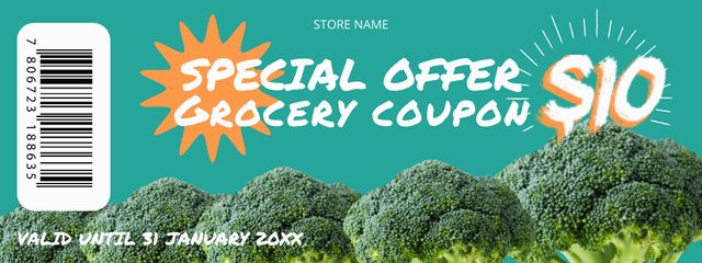Grocery Store Ad with Fresh Green Broccoli Coupon Šablona návrhu