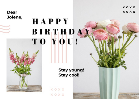 Birthday Greeting Pink Flowers in Vases Postcard 5x7in Design Template