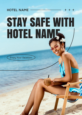 Template di design Beach Hotel Advertisement with Beautiful African American Woman Flayer
