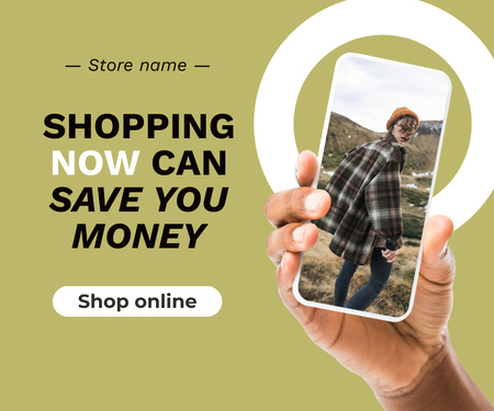 Shopping Online With Mobile Application In Green Large Rectangle Πρότυπο σχεδίασης