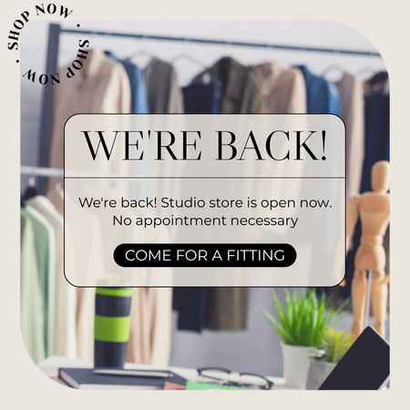 Fashion Studio Opening Announcement with Clothes on Hangers Instagram Tasarım Şablonu