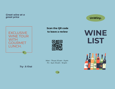 Platilla de diseño Wine Menu Announcement on Blue Menu 11x8.5in Tri-Fold