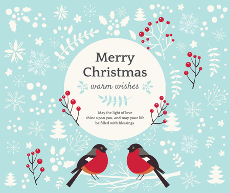 Christmas Greeting with bullfinch birds Facebook Design Template