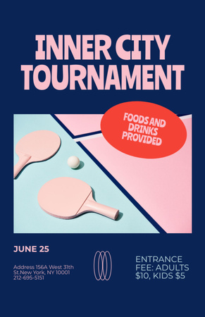 Table Tennis Tournament Announcement with Pink Rackets Invitation 5.5x8.5in Design Template