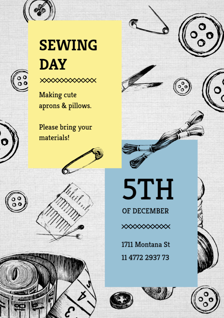 Sewing day Event with Tools for Needlework Flyer A5 Πρότυπο σχεδίασης
