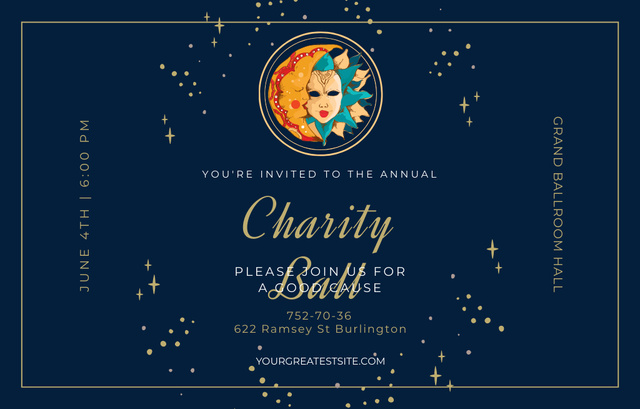 Ontwerpsjabloon van Invitation 4.6x7.2in Horizontal van Annual Charity Ball With Illustrated Masks Announcement