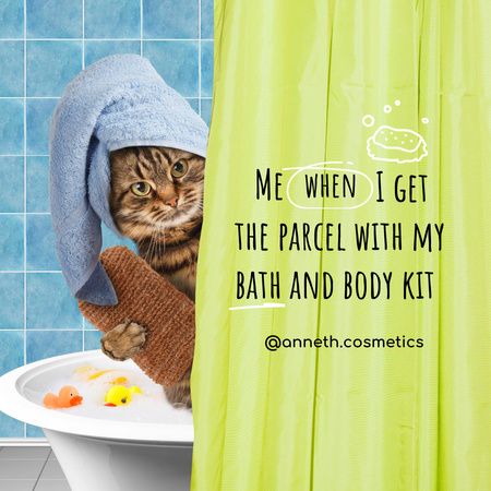 Ontwerpsjabloon van Instagram van cosmetica winkel advertentie met grappige kat in badhanddoek