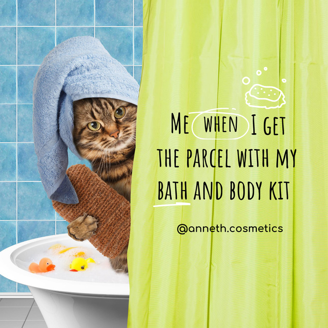 Cosmetics Store Ad with Funny Cat in Bath Towel Instagram Tasarım Şablonu