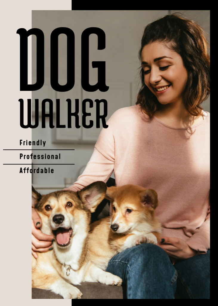 Ontwerpsjabloon van Flayer van Dog Walking Services with Woman with Puppies