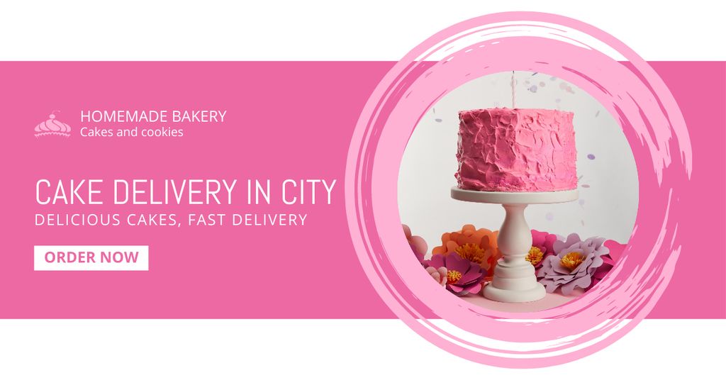 Pink Delicious Cake And Delivery Service Offer Facebook AD Tasarım Şablonu