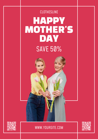 Template di design Sconto per la festa della mamma con donne con fiori in mano Poster