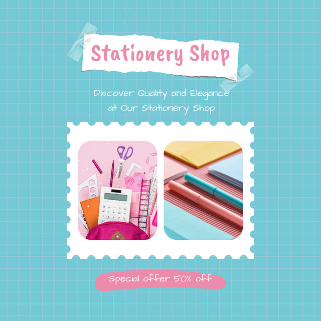 Stationery Shop Discount On Office Essentials Instagram AD Design Template