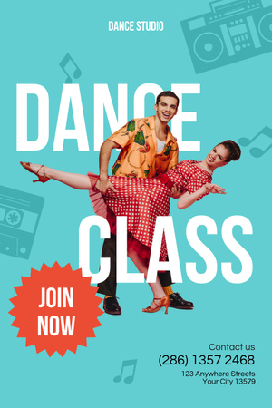 Dance Class Promotion with Couple in Retro Outfits Pinterest Design Template