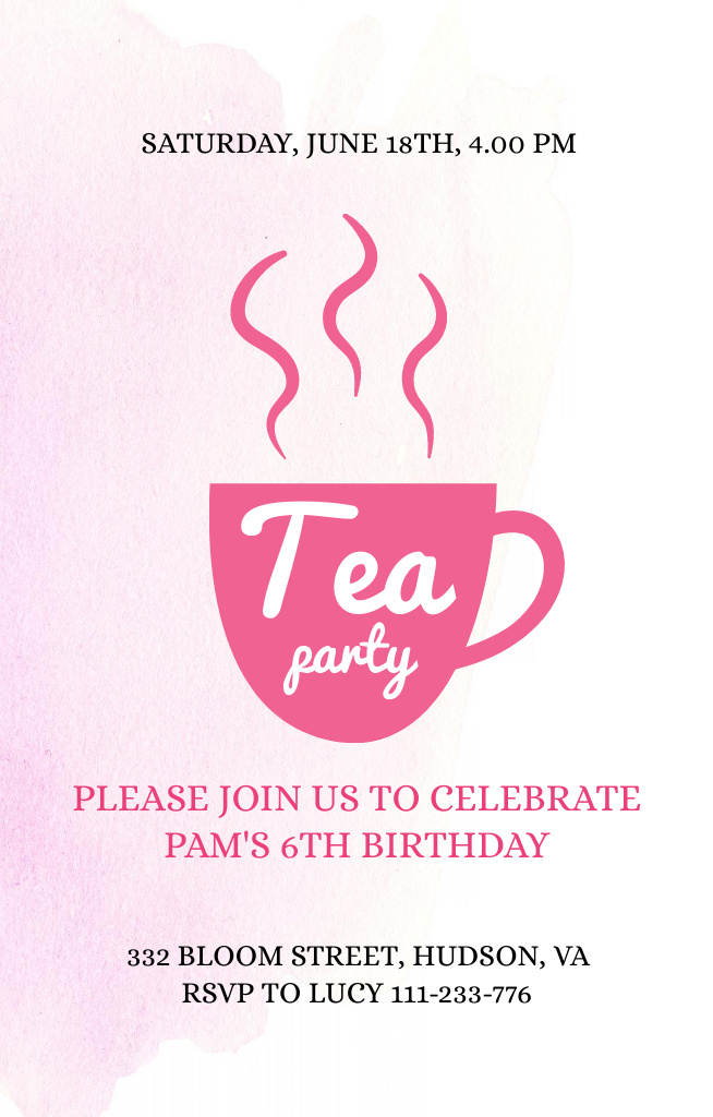 Announcement Of Tea Party For Birthday Celebration In Pink Invitation 4.6x7.2inデザインテンプレート