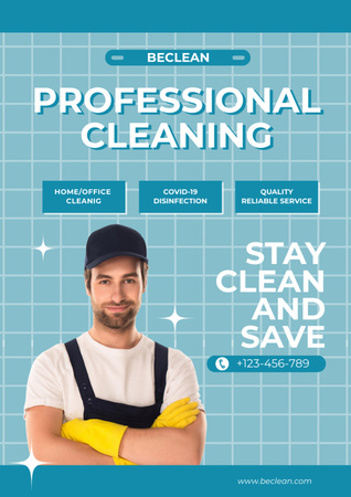 Cleaning Service Ad with Man in Uniform Poster A3 Modelo de Design