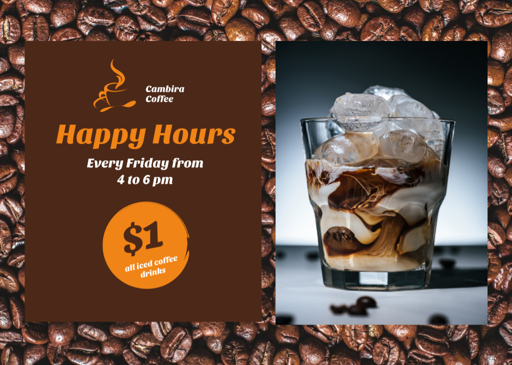 Ontwerpsjabloon van Flyer 5x7in Horizontal van Happy Hours Announcement on Background of Coffee Beans