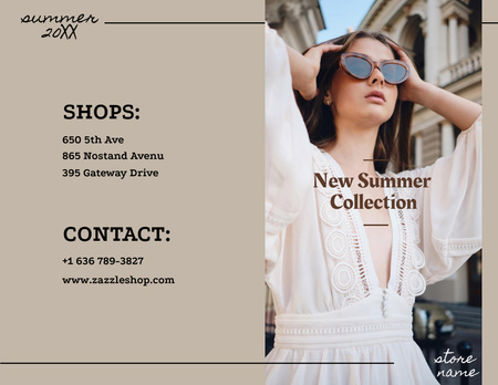 Summer Fashion Collection Ad with Stylish Woman Brochure 8.5x11in Bi-fold Tasarım Şablonu