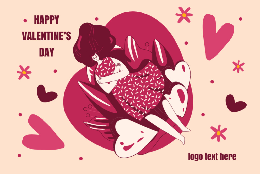 Cute Valentine's Day With Illustration And Hearts Postcard 4x6in – шаблон для дизайна
