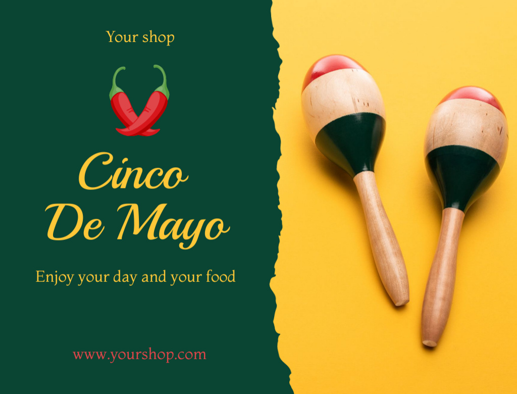 Designvorlage Cinco de Mayo Greeting With Wooden Maracas And Chili für Postcard 4.2x5.5in