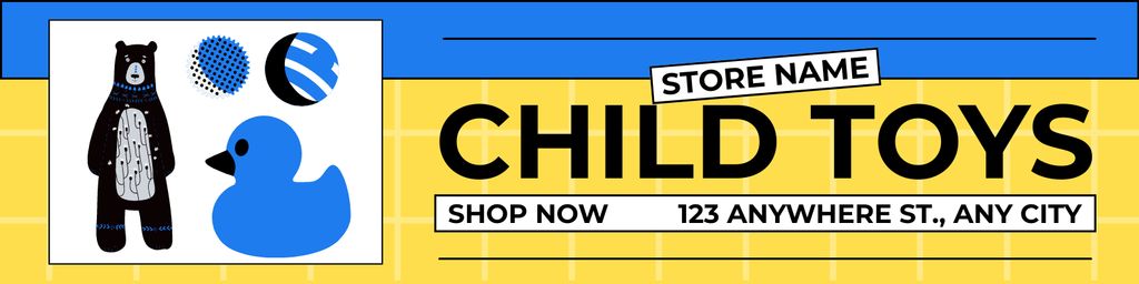 Toy Store Ad on Blue and Yellow Twitter Design Template