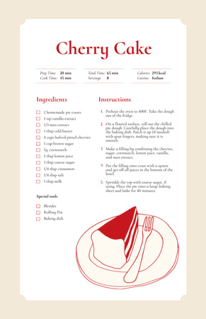 Sweet Cherry Cake Dessert Recipe Card Tasarım Şablonu
