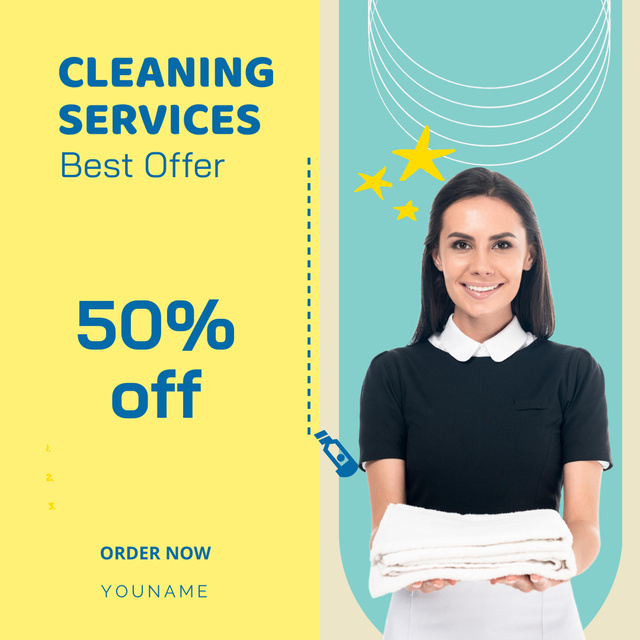 Cleaning Services Offer with a Smiling Maid Instagram AD Modelo de Design