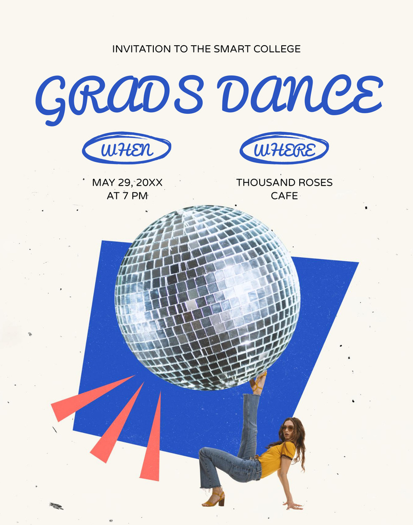 Graduation Party Announcement with Disco Ball in Blue Poster 22x28in Tasarım Şablonu