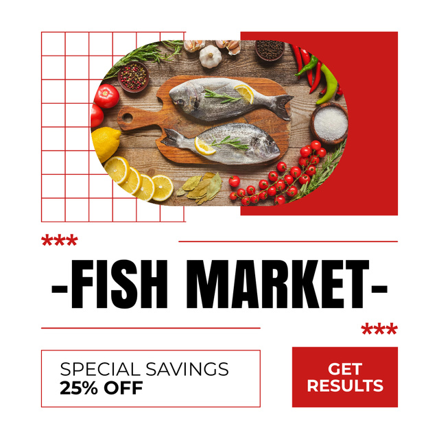 Fish Market Ad with Spices and Appetizers Instagram ADデザインテンプレート