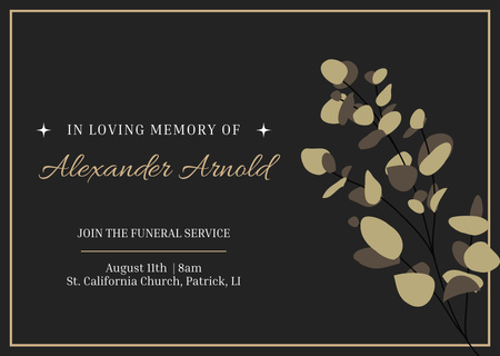 Funeral Services Invitation with Leaf Branch Card Design Template