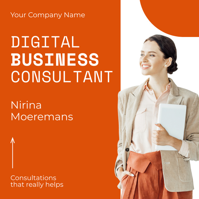 Services of Digital Business Consultant with Confident Businesswoman LinkedIn postデザインテンプレート