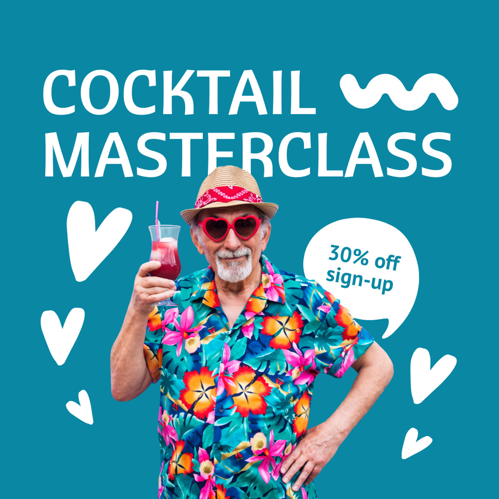 Designvorlage Announcement of Cocktail Master Class with Cheerful Elderly Man in Hat für Instagram