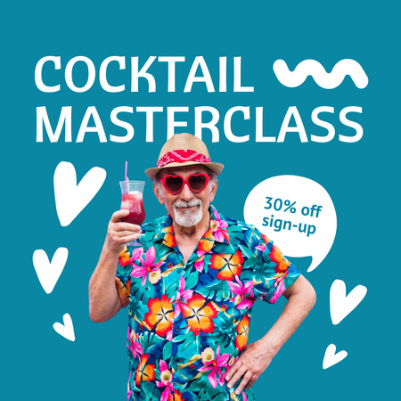 Designvorlage Ankündigung der Cocktail-Meisterklasse mit fröhlichem älteren Mann mit Hut für Instagram