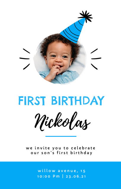 First Birthday of Little Boy Celebration Announcement Invitation 4.6x7.2in Design Template