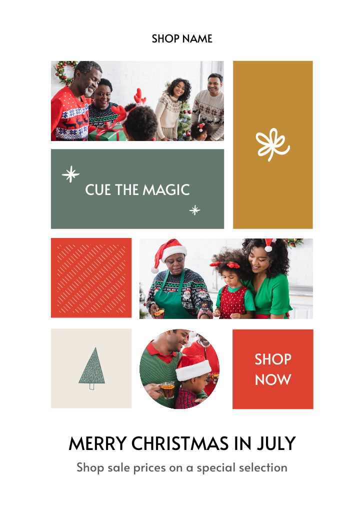 July Christmas Family Greeting And Sale Announcement Postcard A6 Vertical Design Template