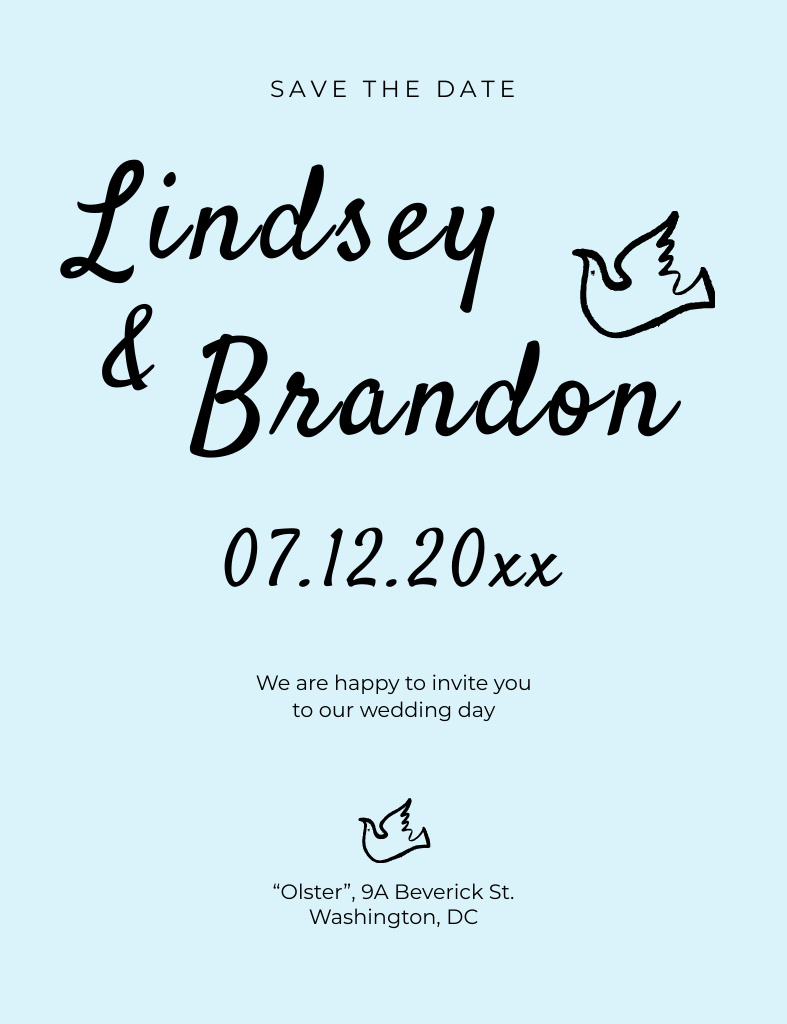 Szablon projektu Save the Date and Wedding Event Announcement with Handdrawn Dove Invitation 13.9x10.7cm
