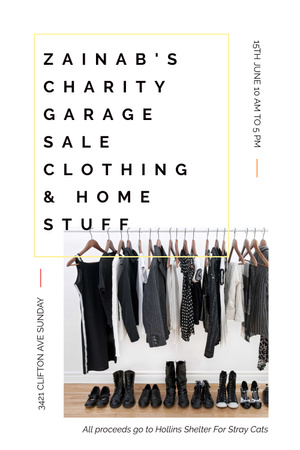 Charity Sale Announcement with Black Clothes on Hangers Pinterest Design Template