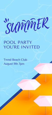 Modèle de visuel annonce de fête de piscine d'été avec parasols de plage - Invitation 9.5x21cm