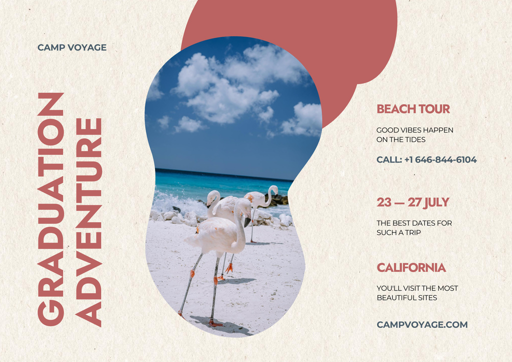 Graduation Trips Ad with Flamingo on Beach Poster B2 Horizontal Design Template