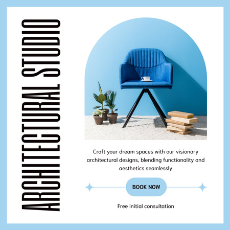 Szablon projektu Reklama studia architektonicznego ze stylowym niebieskim krzesłem Instagram