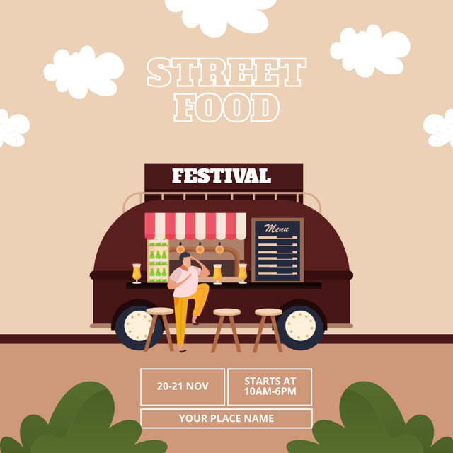 Festival Announcement with Illustration of Food Truck Instagram Tasarım Şablonu