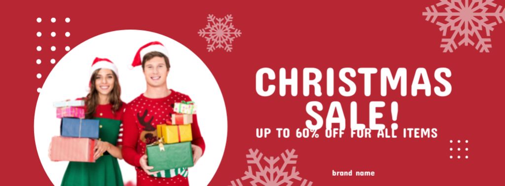 Christmas Sale Offer Happy Couple in Holiday Costumes Facebook cover – шаблон для дизайна