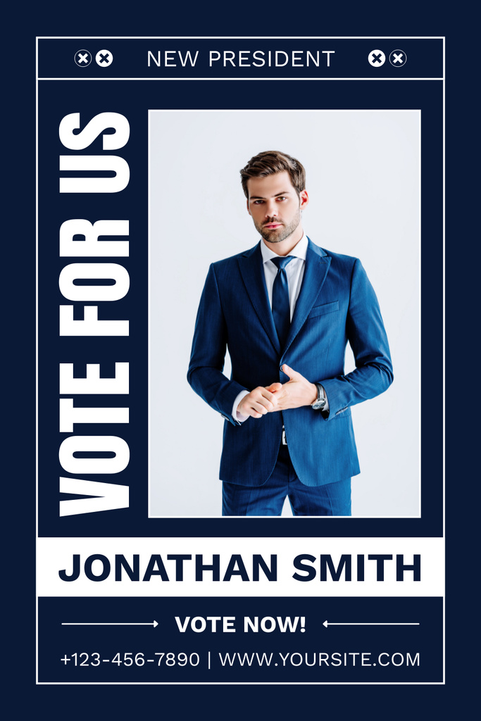 Vote For Us with Attractive Man in Formal Suit Pinterest Design Template