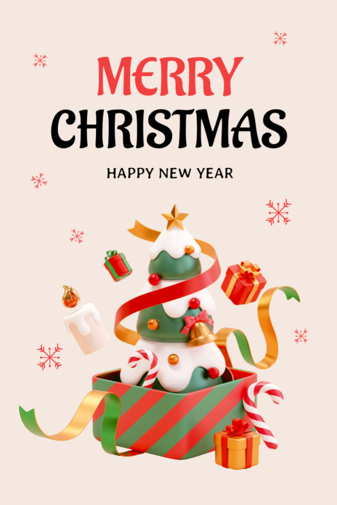Festive Christmas and New Year Cheers with Decorated Tree and Gifts Postcard 4x6in Vertical Design Template