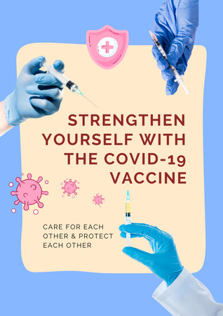 Ontwerpsjabloon van Poster van Hands in gloves with syringes surrounding text