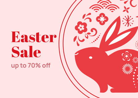 Easter Sale Announcement with Bunny and Flowers in Red Card Πρότυπο σχεδίασης